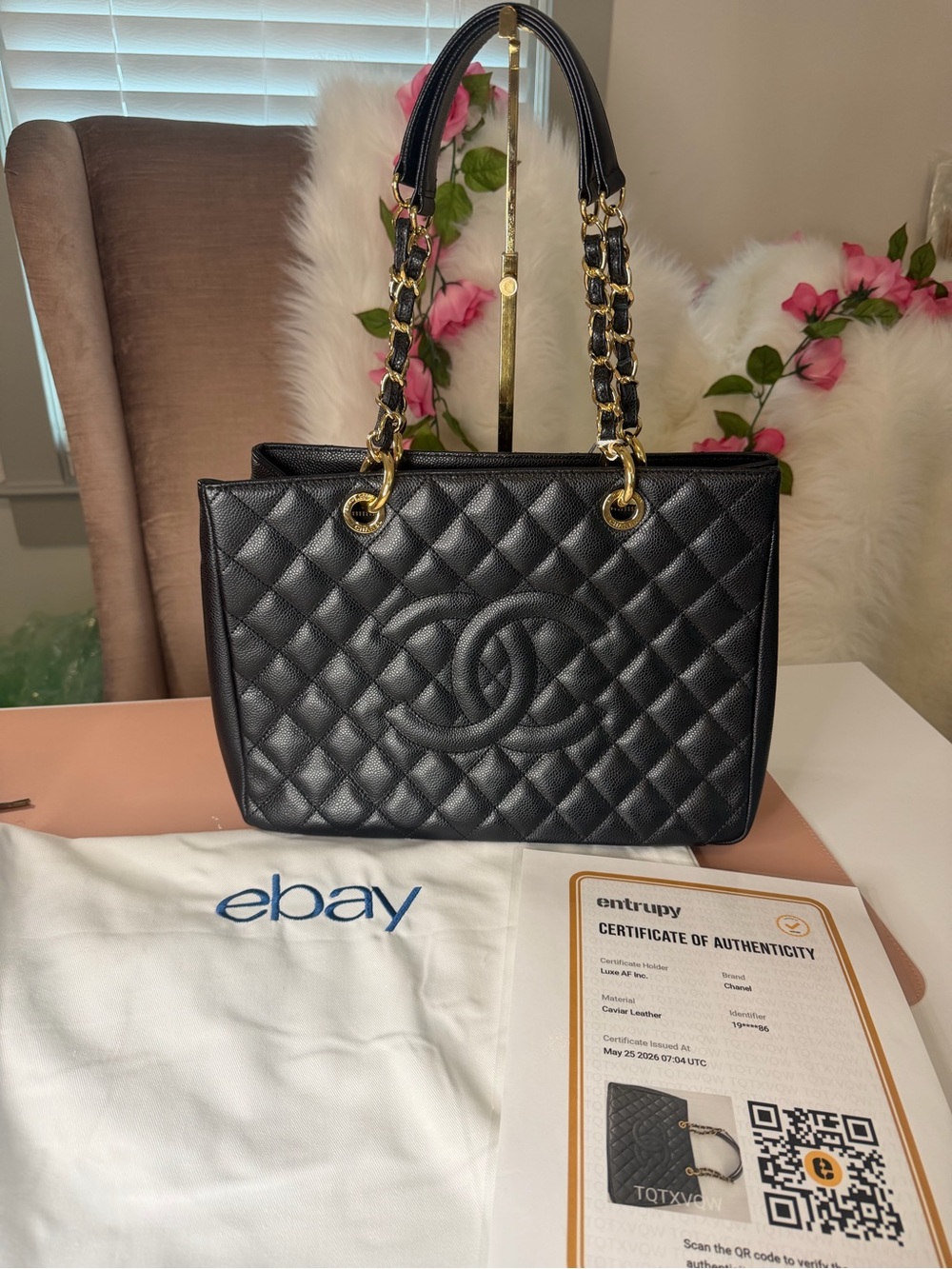 CHANEL Grand Shopping Tote Black Caviar Gold Hardware w/COA